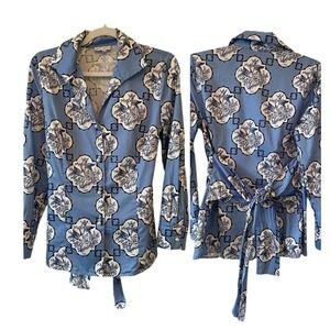 Patty Kim XS Blue Chinoiserie Bird Floral Pearl Button Tie Back Blouse Shirt